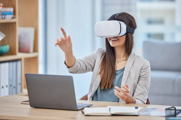 Virtuális Valóság Üzletasszony Metaverse Digitális Technológia Irodában Boldog Női Vállalkozó — Stock Fotó