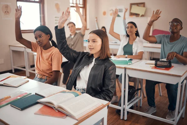 Classroom Students Hands Question Knowledge Education Diversity Group Youth Learning — Stock Photo, Image