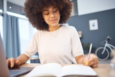 Student research, writing notes and black woman remote eduction on a home computer. Working, planning and reading digital learning busy with tech data test elearning and web university information. clipart