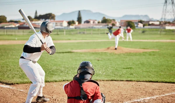 Baseball, bat and waiting with a sports man outdoor, playing a competitive game during summer. Fitness, health and exercise with a male athlete or player training on a field for sport or recreation.