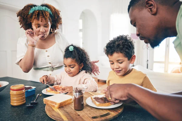 Love, black family and breakfast for nutrition, quality time and wellness in kitchen, happiness and joyful. Parents, mother and father with children, kids and start day with meal, health and happy.