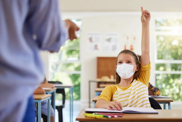 Smart Student Covid Face Mask Asking Teacher Question Corona Virus — Photo
