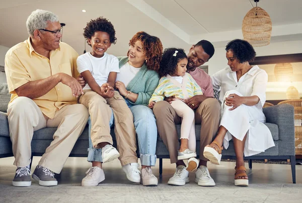 Love, relax and black family on couch, quality time and conversation for bonding, weekend break and smile. Grandparents, mother and father with kids, siblings or children on sofa, happiness or loving.