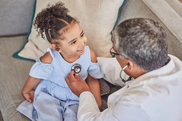 Home Consultation Child Pediatrician Stethoscope Doing Health Check Happy Kid — Stock Photo, Image