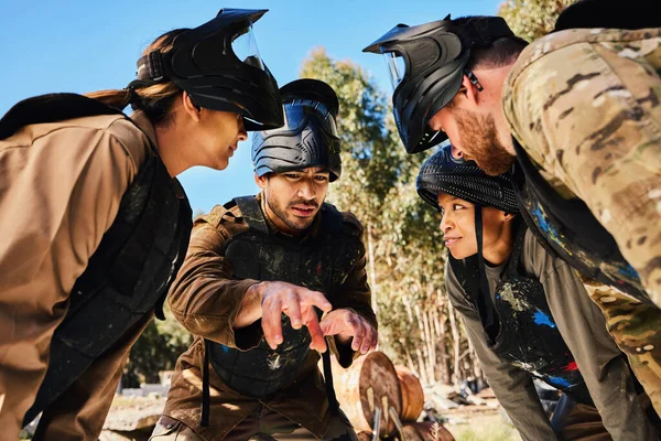 Mission Paintball People Huddle Planning Strategy Teamwork Soldier Training War — Stock Photo, Image