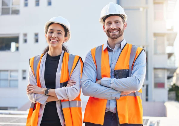 Proud portrait of engineering people in outdoor, construction site, development or project management mindset. Architecture, contractor or builder woman and partner in building or industry leadership.