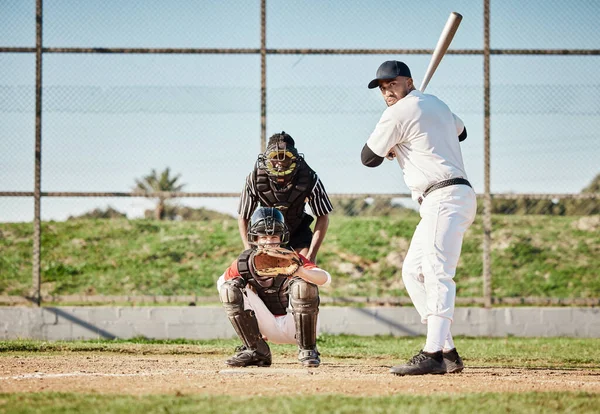 Baseball, bat and concentration with a sports man outdoor, playing a competitive game on mockup. Fitness, health and exercise with a male athlete or player training on a field or pitch for sport.