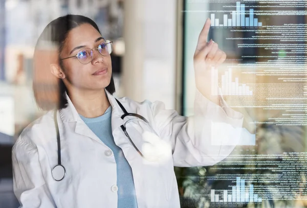 Woman doctor, data overlay and healthcare worker pointing to hospital stats and analytics. Clinic, wellness and health research hologram with a female employee checking insurance information.