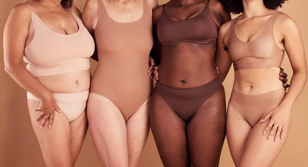 stock image Diversity, women and real body with natural beauty, skincare and wellness together on studio background. Closeup group of female models in underwear for self love, empowerment and inclusive community.