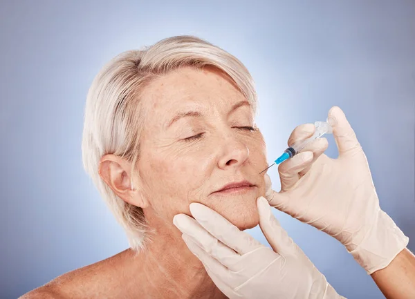 Botox, injection and senior woman with hands of doctor for medical beauty against grey studio background. Skincare, wellness and elderly patient with plastic surgery for facial lifting and cosmetics.