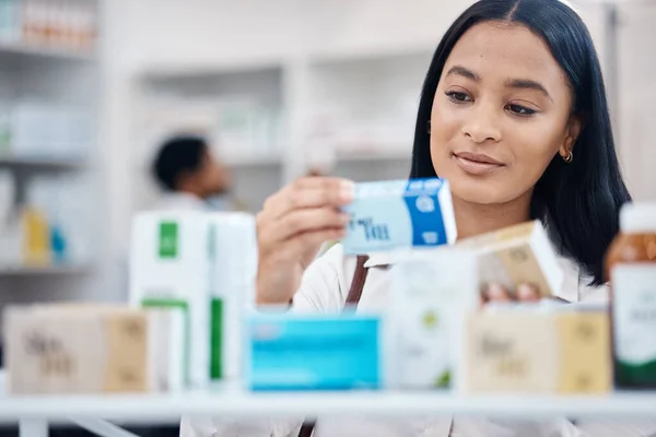 Pharmacy Woman Customer Shopping Medicine Box Supplements Product Search Drugs — Stock Photo, Image