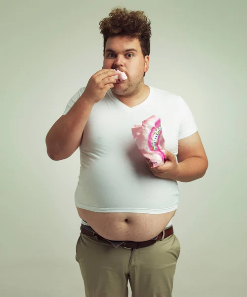Dietician Said Needed Eat Lighter Foods Overweight Man Shoving Marshmallows — Stock Photo, Image