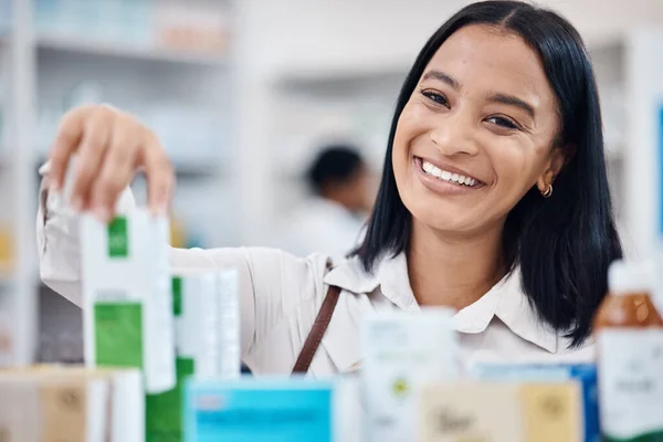 Pharmacy Portrait Happy Woman Customer Shopping Medicine Supplements Product Drugs — Stock Photo, Image