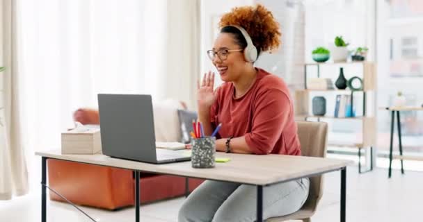 Laptop Wave Woman Video Call Headphones Home Office Online Meeting — Stock Video
