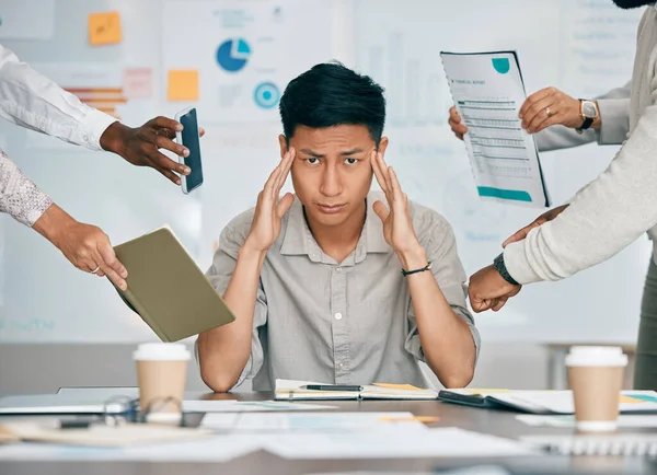 Stress, overworked and headache with businessman multitasking audit, schedule and compliance. Challenge, accountability and mental health with asian employee for burnout, frustrated and deadline.