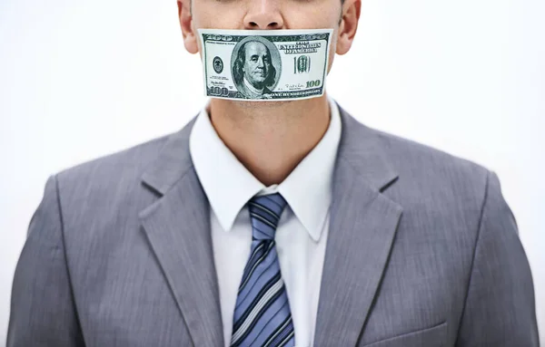 Keep Quiet Else Concept Shot Businessman Money Covering His Mouth — Stock Photo, Image