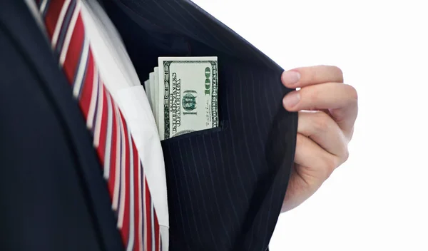 Taking Bit Side Businessman Showing Money Thats His Pocket — Stock Photo, Image