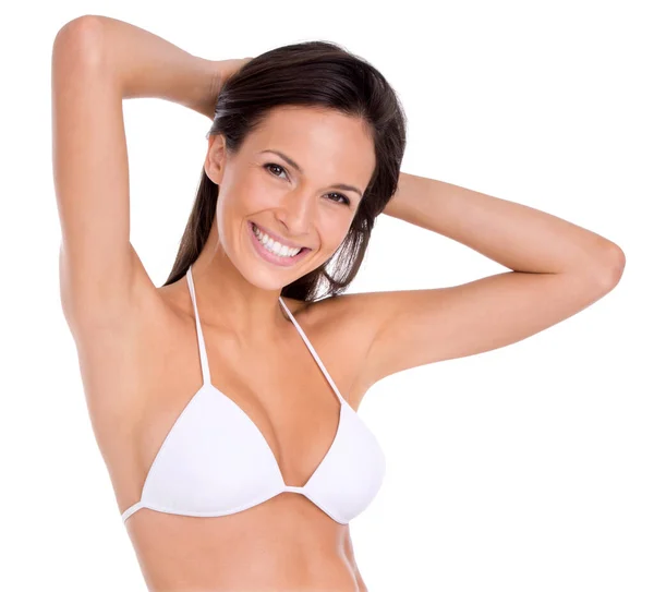 Vamos Nadar Estudio Una Hermosa Modelo Morena Bikini Aislado Blanco — Foto de Stock
