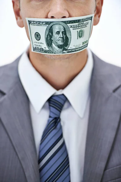 Говори Слова Бизнесмен Покрытым Ртом Бумажными Деньгами — стоковое фото