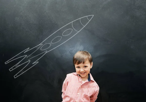 Drawing Fun Studio Shot Adorable Little Boy Chalk Drawings Him — Stock Photo, Image