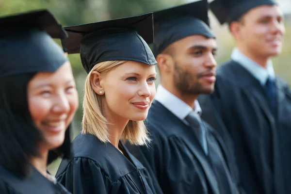 Facing Future Young College Graduates Holding Diplomas While Standing Row — Stock Photo, Image