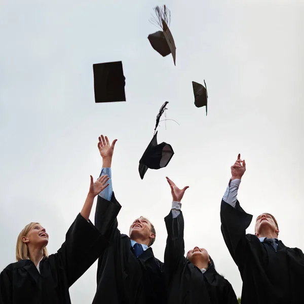 Did Group Students Throwing Caps Air Graduation — Stock Photo, Image