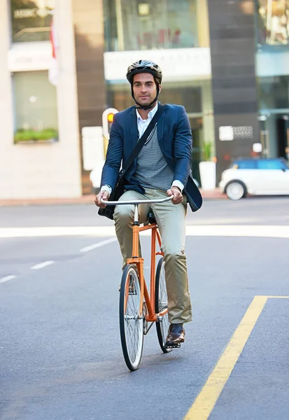 Велоспорт Правильный Путь Красивый Бизнесмен Едет Работу Велосипеде Город — стоковое фото