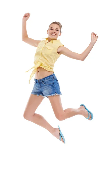 Cheio Felicidade Uma Bela Jovem Mulher Aplaudindo Contra Fundo Branco — Fotografia de Stock