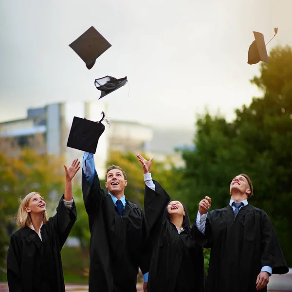 Tassel Worth Hassle Group Students Throwing Caps Air Graduation — Stock Photo, Image