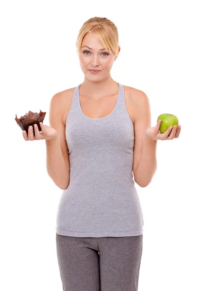 Lákavá Během Diety Portrét Mladé Ženy Držící Jablko Muffin — Stock fotografie