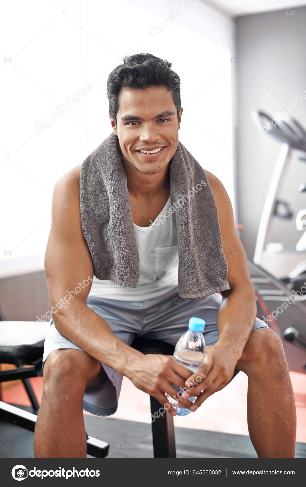 Staying Control Fitness Smiling Young Man Sitting Weight Bench Gym