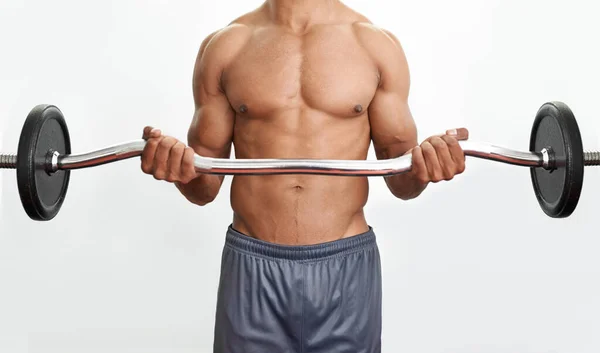 Att Bra Kräver Ansträngning Muskulös Man Lyfter Upp Skivstång — Stockfoto