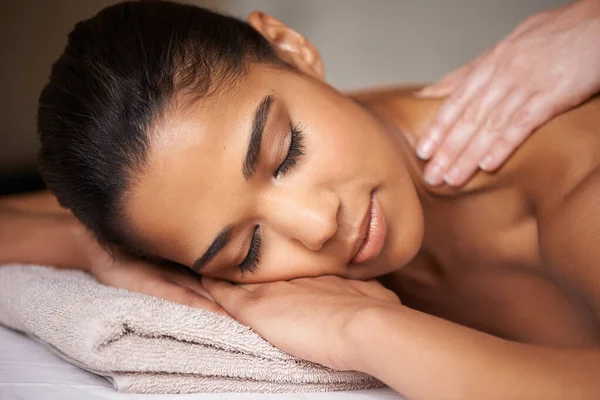 Feel Tension Melt Away Young Woman Enjoying Massage Spa — Stock Photo, Image