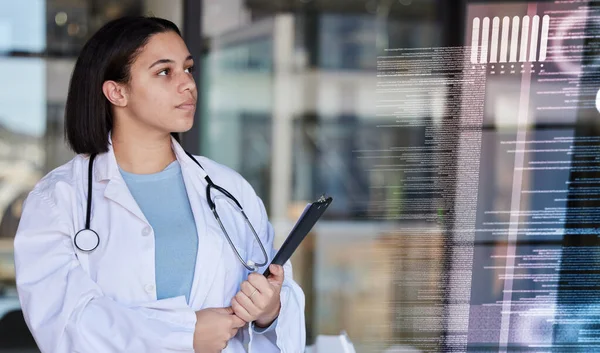 Doctor data, digital overlay and woman healthcare worker with hospital stats and analytics. Clinic, wellness and health research hologram with a female employee checking laboratory software results.