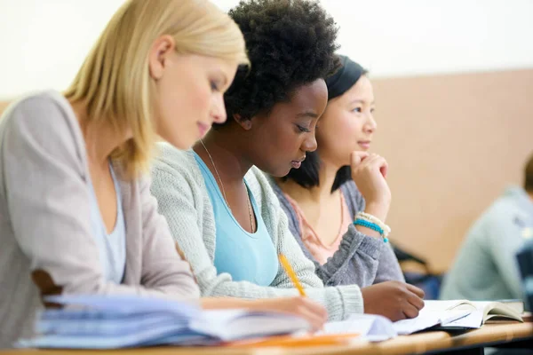 Bons Hábitos Estudo Fazem Grandes Alunos Estudantes Universitárias Mulheres Sentadas — Fotografia de Stock