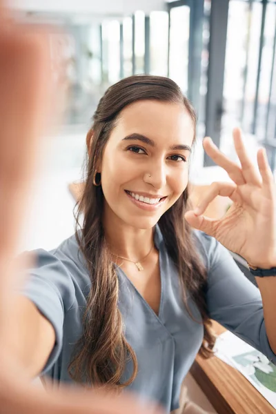 Selfie Retrato Mulher Negócios Com Assinar Para Sucesso Acordo Emoji — Fotografia de Stock