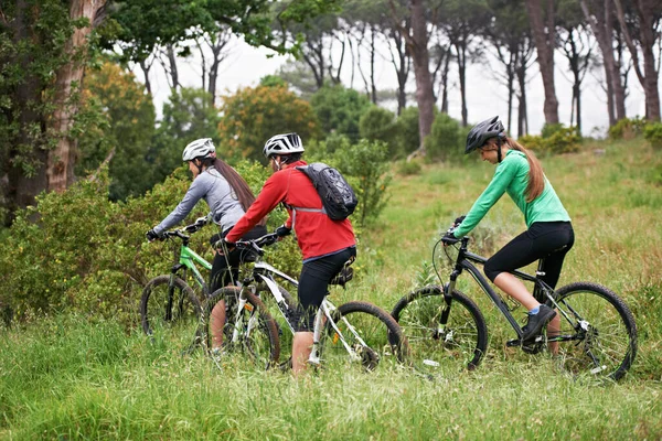 Its safer to ride in numbers. A group of young cyclists riding a trail