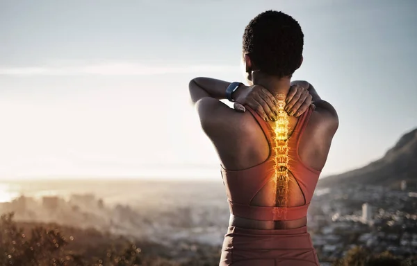 Spine injury, skeleton and back pain of fitness woman on mountains with sky background for sports exercise. Athlete, backache and red body bones for first aid emergency, joint pain and muscle anatomy.