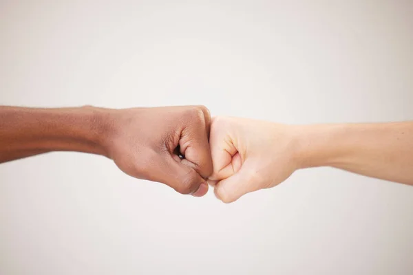stock image Fist bump, support and hands of people or friends together for justice, freedom and diversity with trust, collaboration and motivation on white background. Men together for power at peace protest.