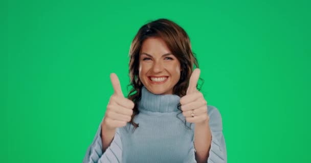 Mujer Cara Sonrisa Con Los Pulgares Hacia Arriba Para Ganar — Vídeos de Stock