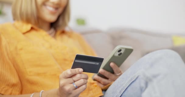 Phone Credit Card Woman Sofa Doing Online Shopping Website Retail — Stock Video
