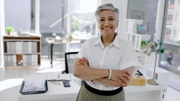 Mujer Negocios Cara Sonrisa Con Los Brazos Cruzados Oficina Empresa — Vídeos de Stock