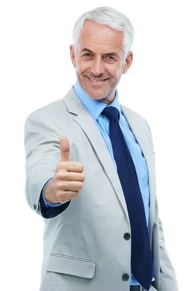 Youve Done Impressive Job Studio Portrait Mature Businessman Giving Thumbs — Stock Photo, Image