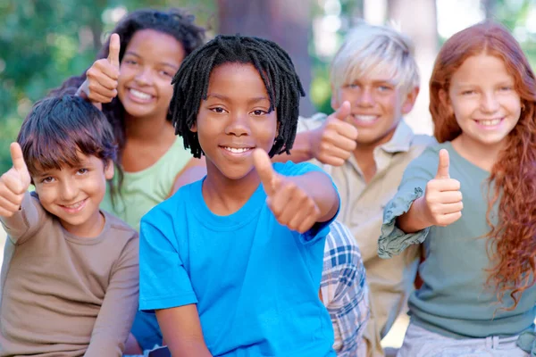 Positive Future Group Kids Sitting Showing Thumbs Camera — Stock Photo, Image