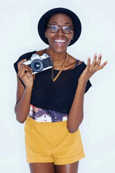 Szórakozás Régi Kamerákkal Egy Fiatal Lefényképez Téged — Stock Fotó