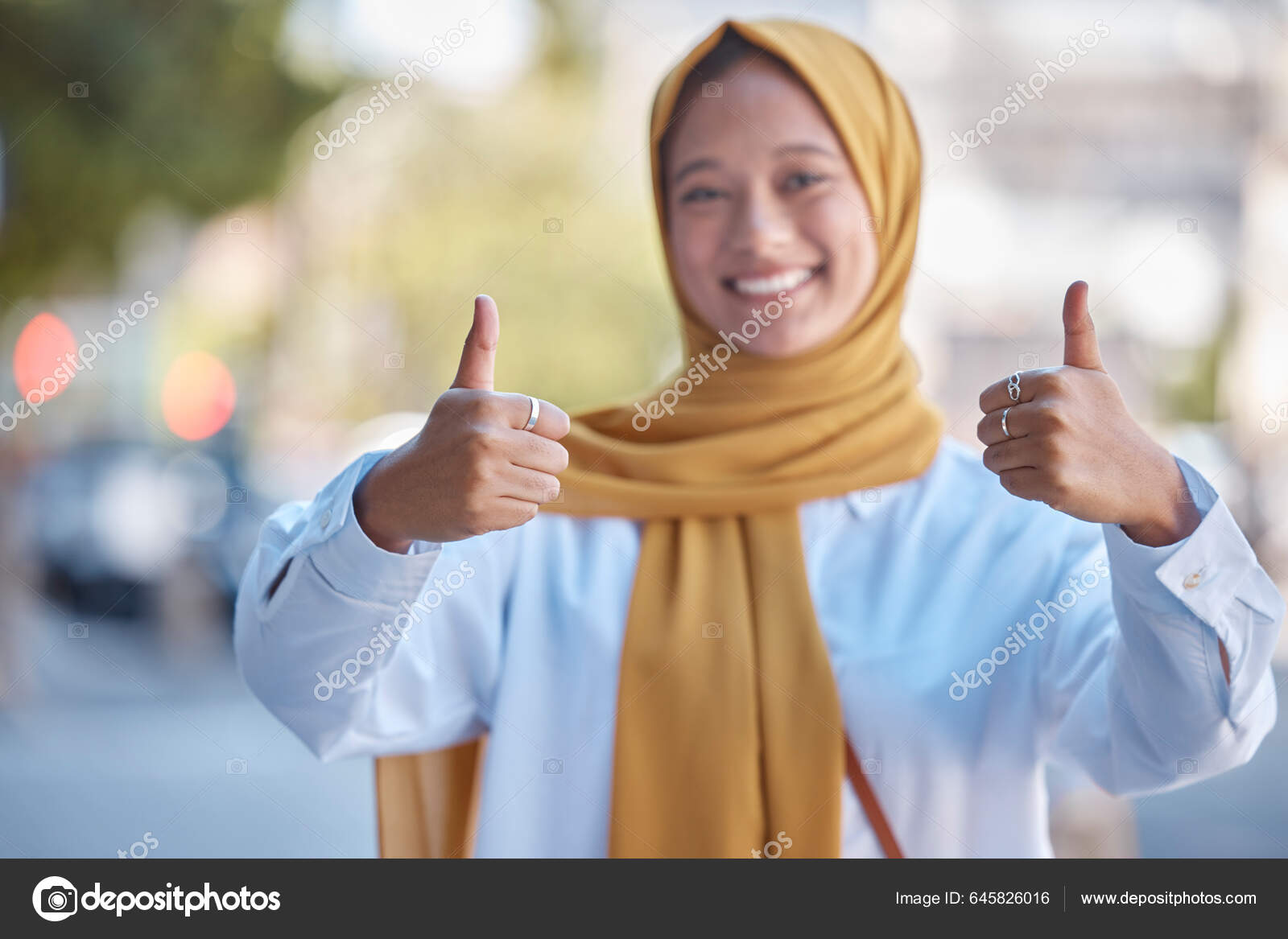 Thumbs Positive Portrait Muslim Woman City Achievement Relax.