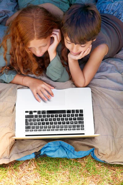 用无线网络露营 两个年轻的兄弟姐妹在露营时在网上冲浪 — 图库照片