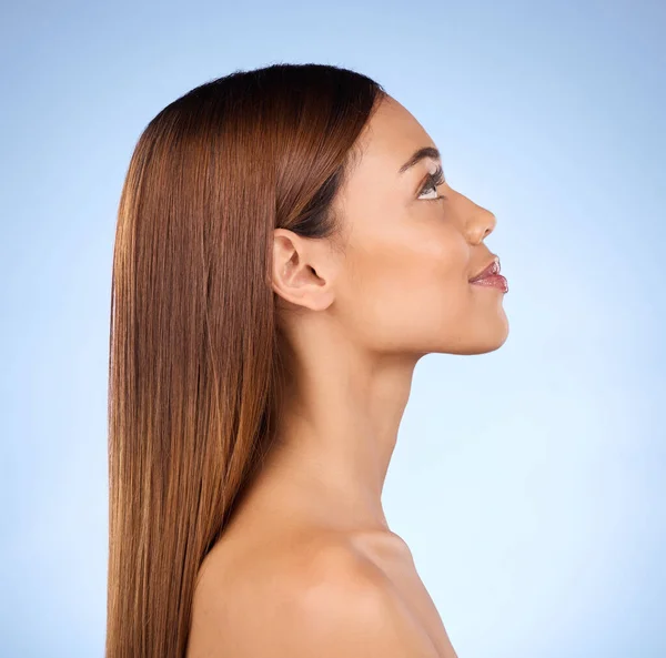 Gezicht Haarverzorging Schoonheidsprofiel Met Vrouw Keratine Behandeling Met Glans Blauwe — Stockfoto