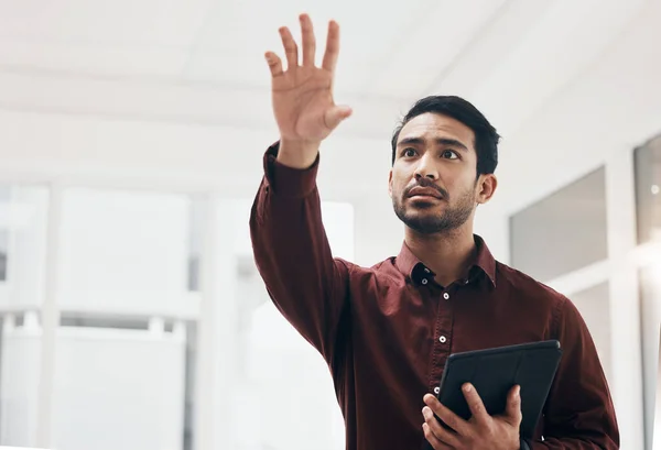 stock image Virtual, tablet and person gesture at architect engineering design, cyber UI schematic or blueprint digital transformation. Floor plan screen, IOT dashboard hud and architect man remodeling office.