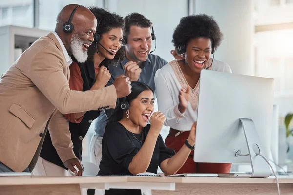 Team goals, excited or people call center with success in celebration for target, winning bonus or achievements. happy group of consultants, sales agents or friends with support, motivation or pride.